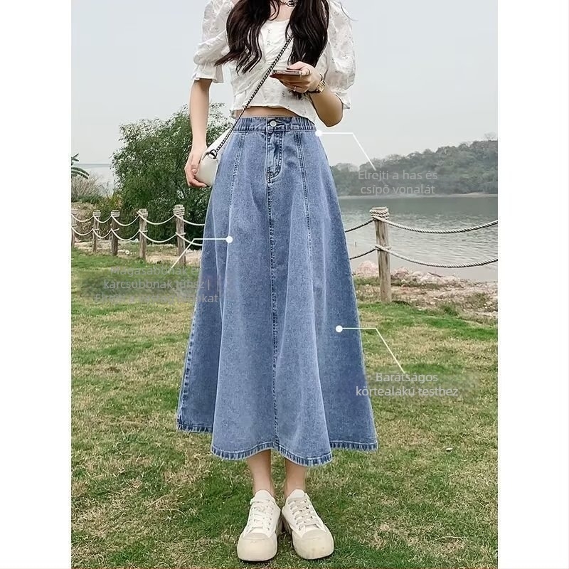 Denim csípőszoknya magas derekú, midi hosszúságú, pamut-elasztán keverék, művészi retro stílus