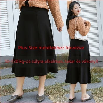 Plusz méretű női midi A-vonalú esernyőszoknya, magas derékkal, körte alkatnak
