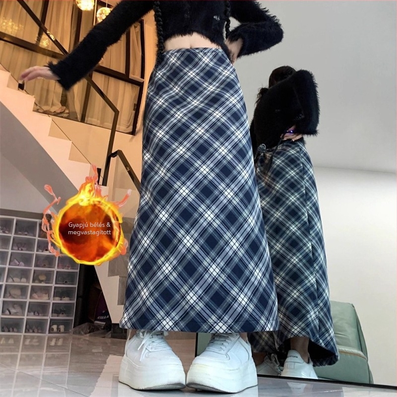 Plusz méretű kockás fleece-betétes vastagított magas derékú A-vonalú középméretű szoknya, őszi-téli retro stílus