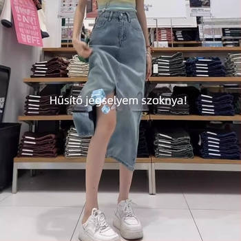 Kék Tencel-denim A-vonalú midi szoknya nőknek, plusz méret, magas derék, karcsúsító fazon