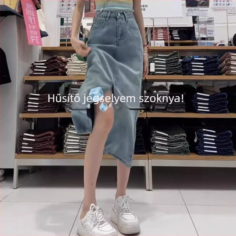 Kék Tencel-denim A-vonalú midi szoknya nőknek, plusz méret, magas derék, karcsúsító fazon