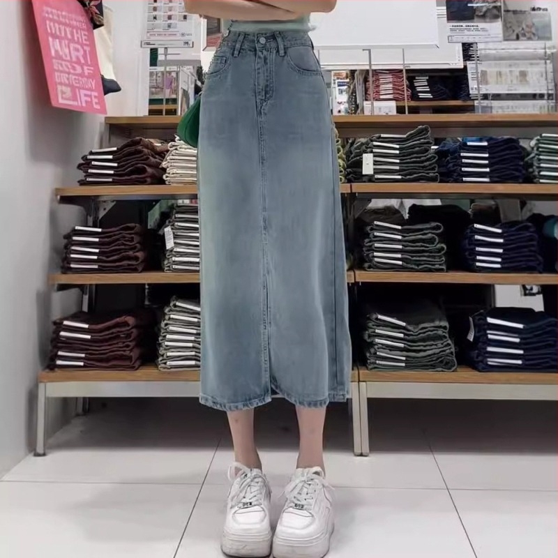Kék Tencel-denim A-vonalú midi szoknya nőknek, plusz méret, magas derék, karcsúsító fazon