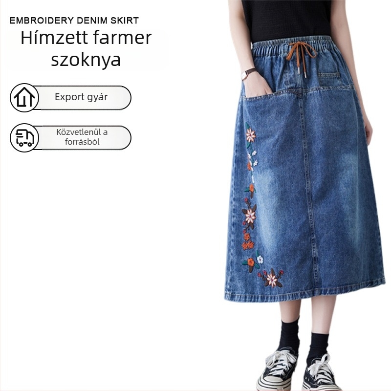 Virágos hímzésű farmer-midi szoknya körtealkatúak számára, plusz méret, karcsúsító fazon