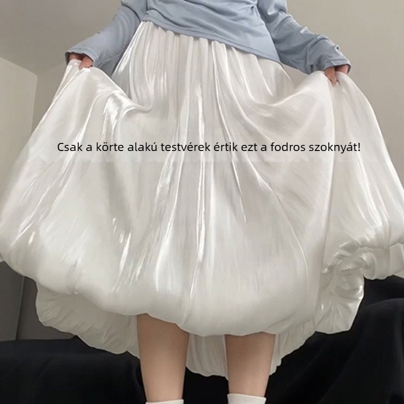 Plusz méretű satin hosszú szoknya, A-vonalú szabás, körte alakú testalkathoz, csípőfedés, Berkeley-stílus, széles szegély, karcsúsító hatás
