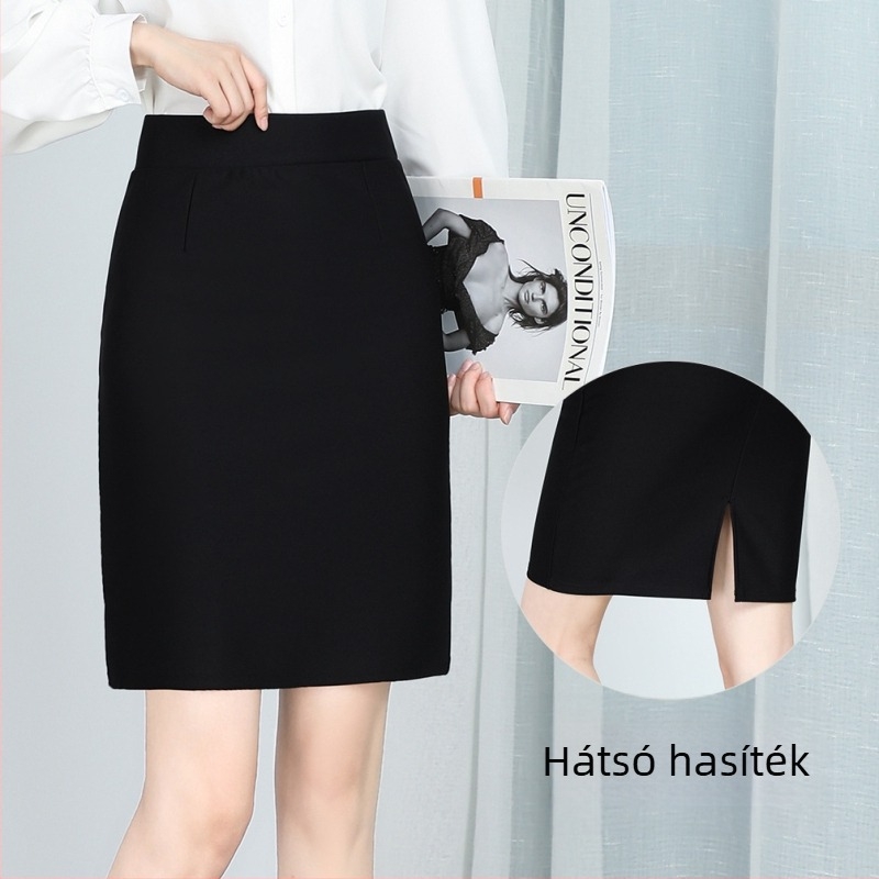 Magas derekú midi szoknya, elasztikus derék, elülső hasítás, poliészter-spandex anyag