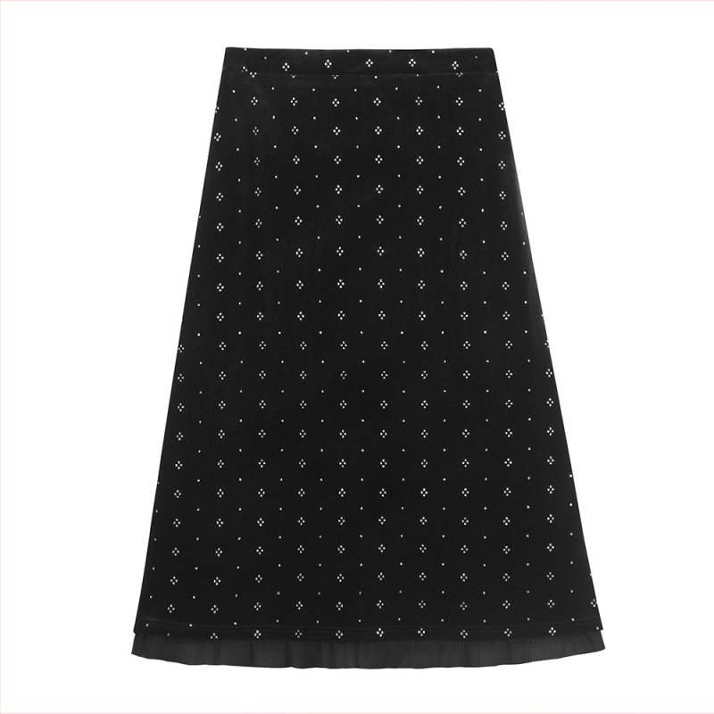 Magas derekú bársony virágmintás A-vonalú midi szoknya fleece béléssel, plusz méret, kód 66116