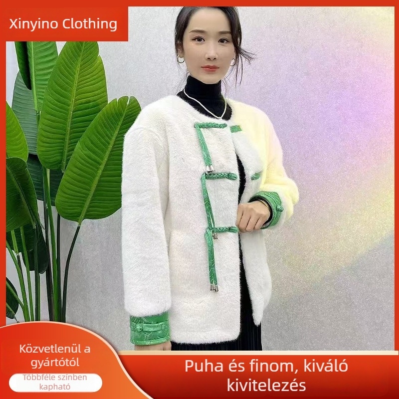 Új kínai stílusú műnorkaszőr kabát őszre és télre, vastag szőrzet, egységes bunda, nemzeti stílusú gömbölyű gombokkal, elegáns karcsú vonal, laza szabás