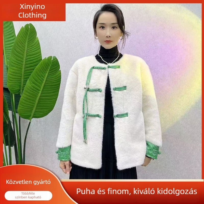 Új kínai stílusú műnorkaszőr kabát őszre és télre, vastag szőrzet, egységes bunda, nemzeti stílusú gömbölyű gombokkal, elegáns karcsú vonal, laza szabás