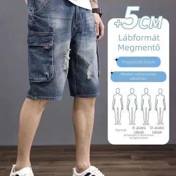 Szabadon szabott denim rövidnadrág több zsebbel, kopott mintázat, 65% pamut, mikroelasztikus
