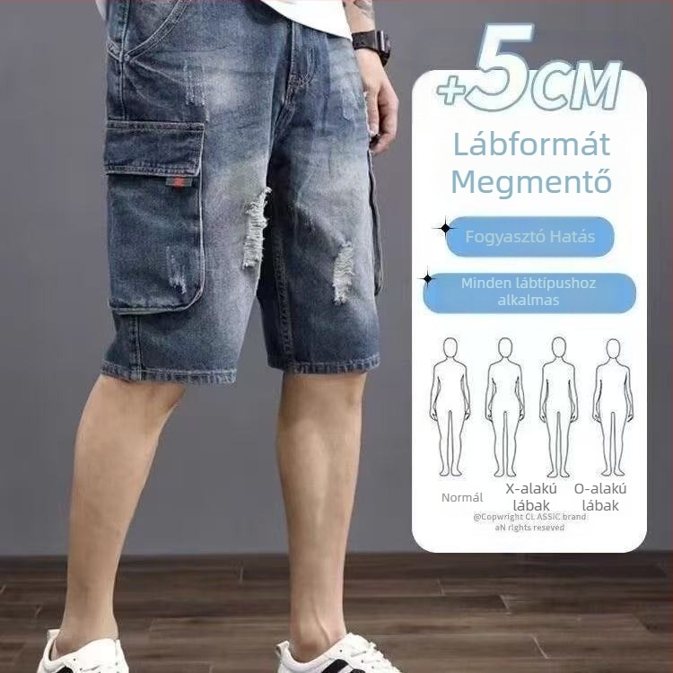 Szabadon szabott denim rövidnadrág több zsebbel, kopott mintázat, 65% pamut, mikroelasztikus