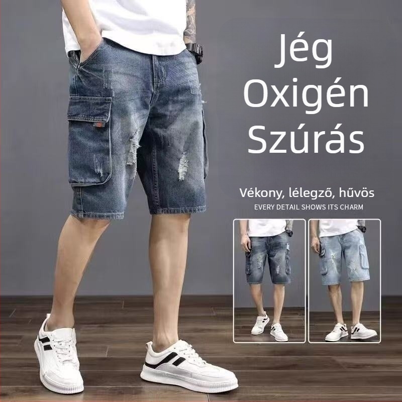 Szabadon szabott denim rövidnadrág több zsebbel, kopott mintázat, 65% pamut, mikroelasztikus