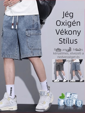 Férfi denim rövidnadrág, pamut-stretch denim, mikroelasztikusság, egyenes szabás, öt hosszúságú szár, nyár