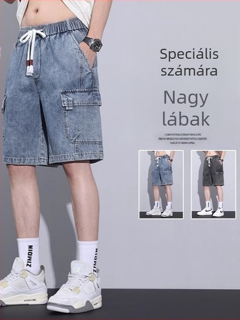 Férfi denim rövidnadrág, pamut-stretch denim, mikroelasztikusság, egyenes szabás, öt hosszúságú szár, nyár