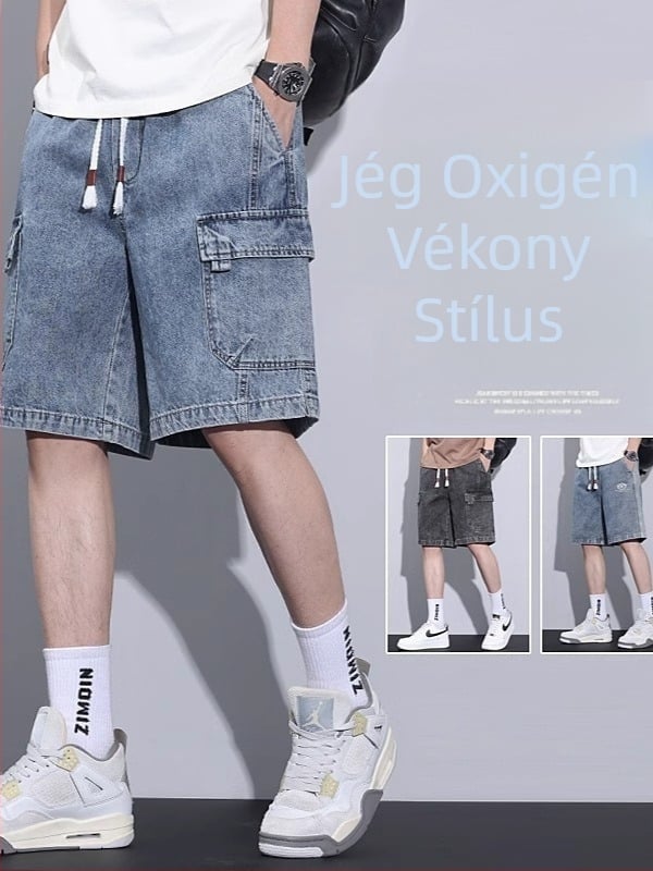 Férfi denim rövidnadrág, pamut-stretch denim, mikroelasztikusság, egyenes szabás, öt hosszúságú szár, nyár