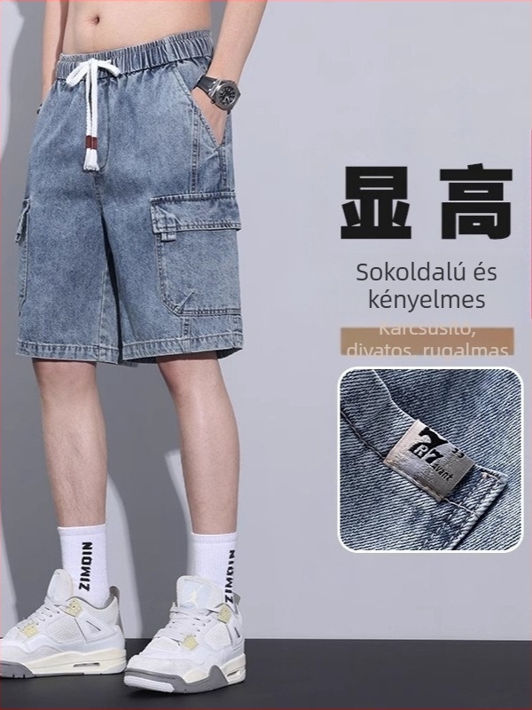 Férfi denim rövidnadrág, pamut-stretch denim, mikroelasztikusság, egyenes szabás, öt hosszúságú szár, nyár
