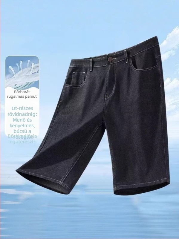 Férfi lazább denim rövidnadrág, Cowboy denim, 65% pamut, középméghossz, mikroelasztikus, koreai stílus