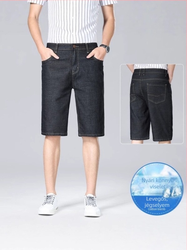 Férfi lazább denim rövidnadrág, Cowboy denim, 65% pamut, középméghossz, mikroelasztikus, koreai stílus