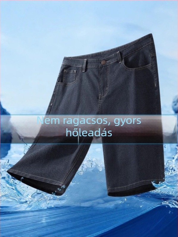 Férfi lazább denim rövidnadrág, Cowboy denim, 65% pamut, középméghossz, mikroelasztikus, koreai stílus