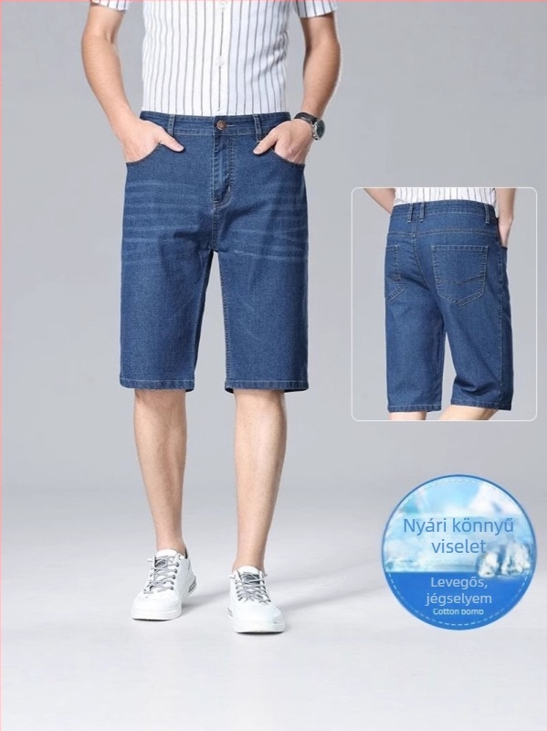 Férfi lazább denim rövidnadrág, Cowboy denim, 65% pamut, középméghossz, mikroelasztikus, koreai stílus