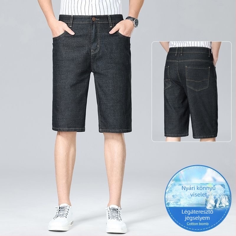 Férfi lazább denim rövidnadrág, Cowboy denim, 65% pamut, középméghossz, mikroelasztikus, koreai stílus