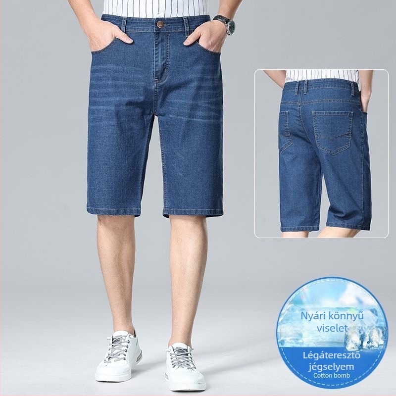 Férfi lazább denim rövidnadrág, Cowboy denim, 65% pamut, középméghossz, mikroelasztikus, koreai stílus