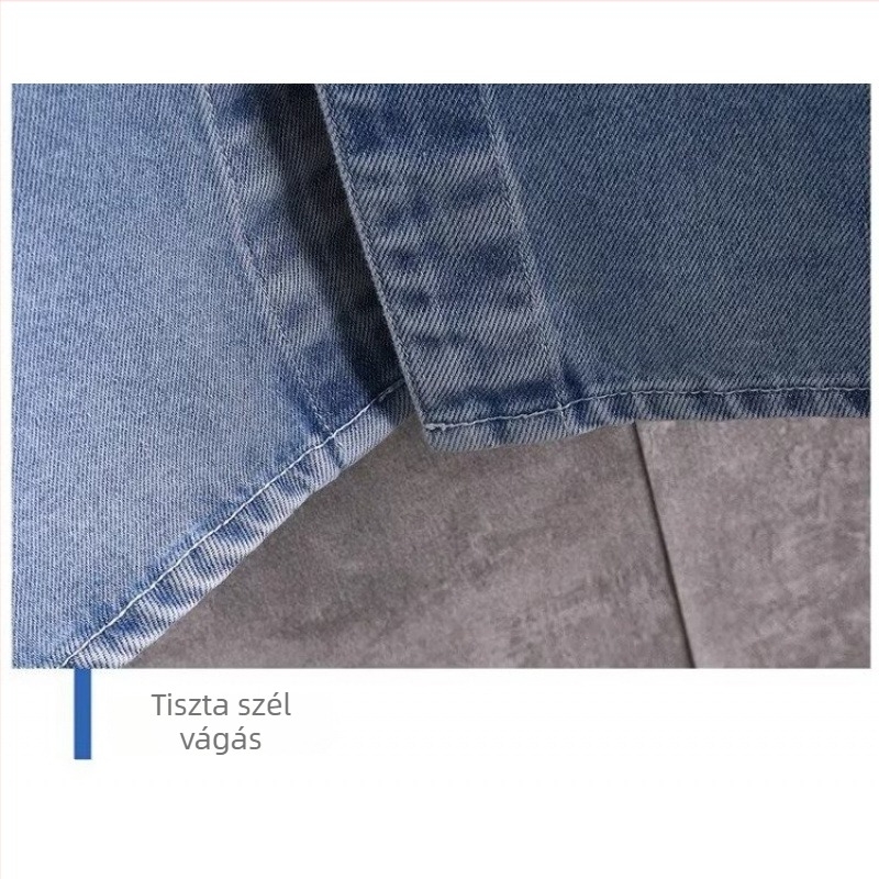 Férfi nyári denim rövid ujjú ing, karcsú szabás, széles gallér, könnyű poliészter-keverék, nyomtatás színekben összehangolt