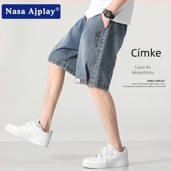 Férfiaknak készült mosott denim rövidnadrág, nyári laza szabás