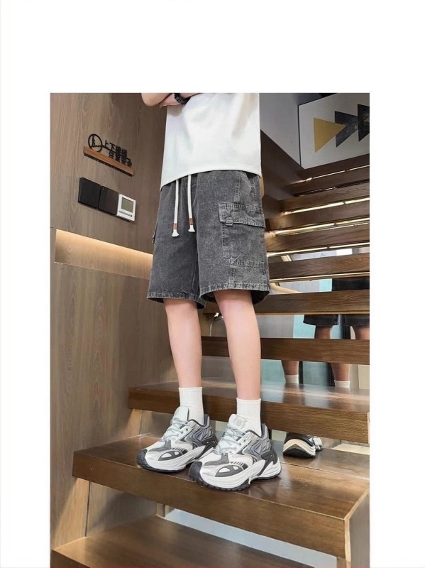 Férfi munkaruházati denim rövidnadrág - nyárra könnyű, laza szabás, amerikai stílus, egyszínű, casual, térdig érő hossz
