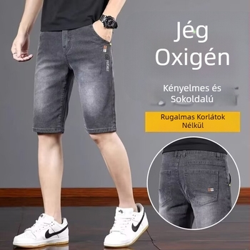 Férfi denim rövidnadrág hímzett, elasztikus, egyenes szabás, nyár 2025, 65% CVC pamut