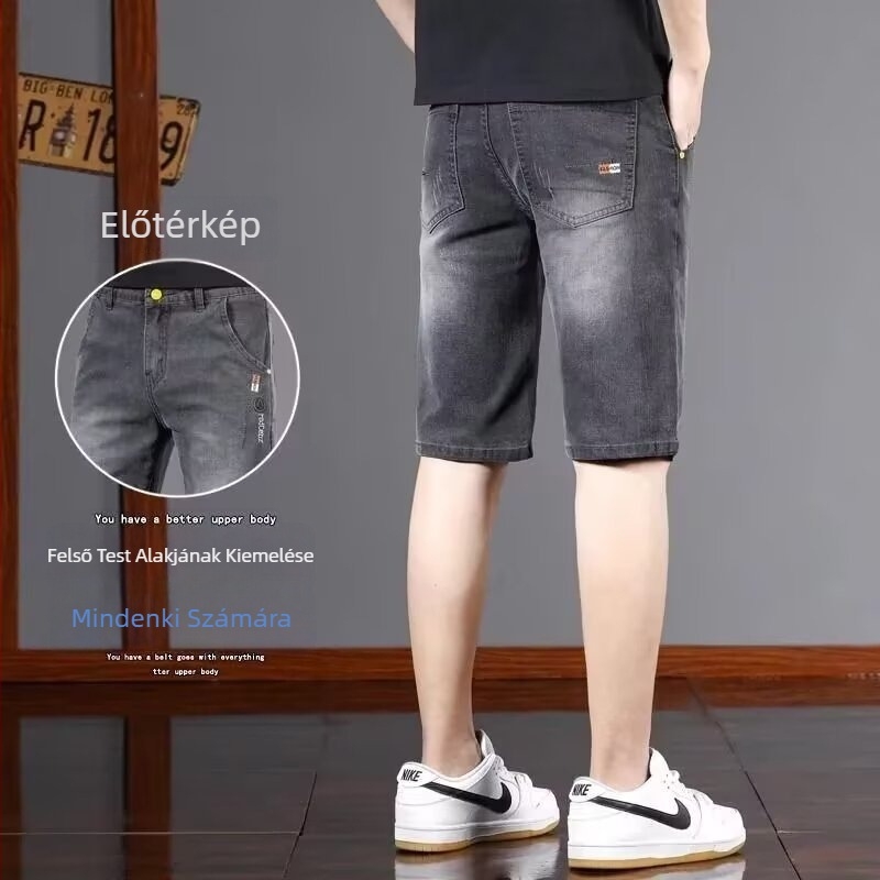 Férfi denim rövidnadrág hímzett, elasztikus, egyenes szabás, nyár 2025, 65% CVC pamut