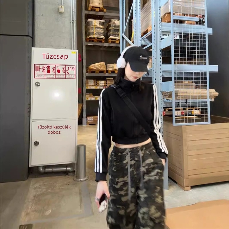Női csíkos poliészter dzseki, álló gallér, zipzár, rövid szabású, hosszú ujjú, őszi streetwear 2024