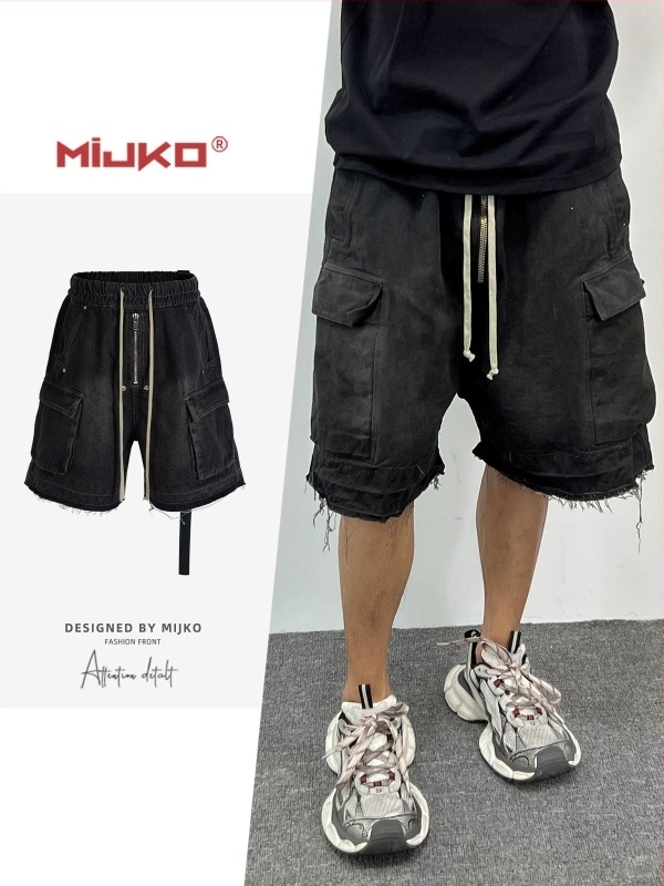 Uniszex denim rövidnadrág Cat Whiskers varrással, High Street stílus, több zseb, pamut-denim, egyenes szabás, nyár 2024