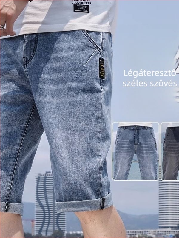 Férfi denim rövidnadrág, koreai stílus, középmagas derék, rövid szabású, pamut anyag