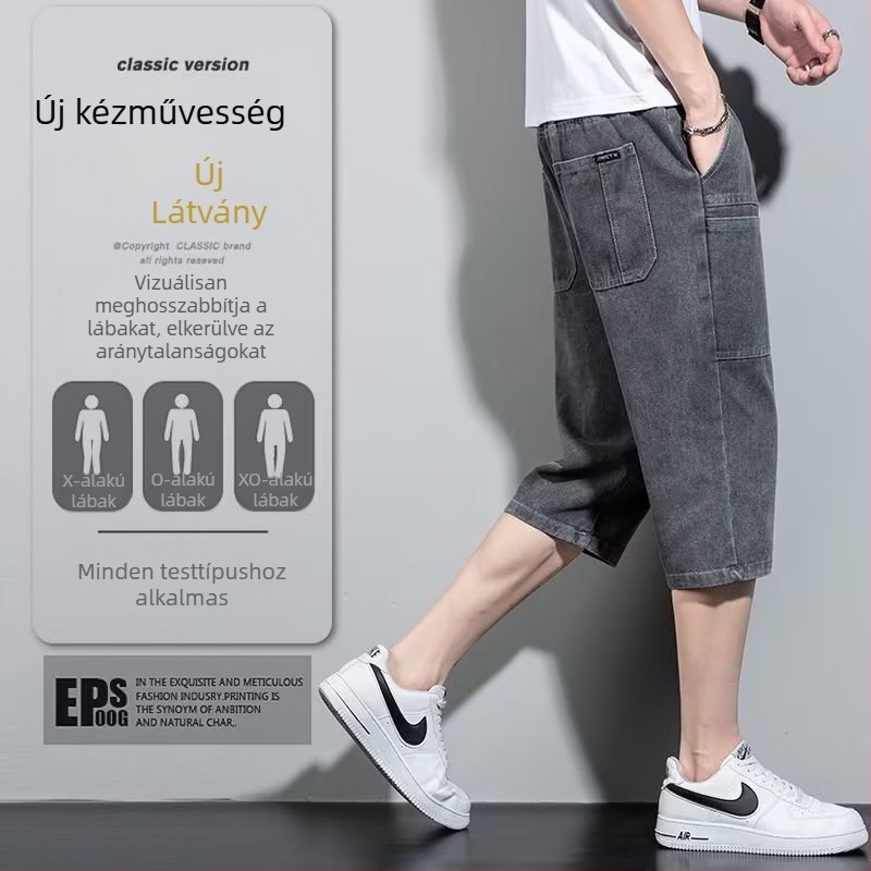Farmernadrág több zsebbel, középmagas derék, egyenes szabás, mosott poliészter denim, casual férfi nadrág