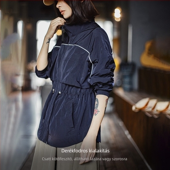 Női nylon windbreaker dzseki, laza szabású, álló gallér, hosszú ujjú, vékony anyag