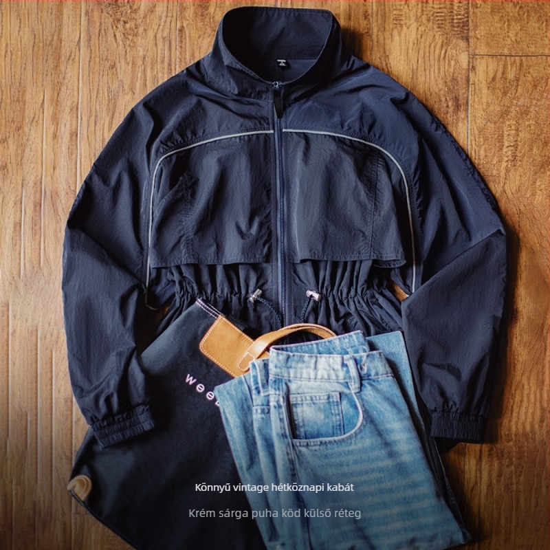 Női nylon windbreaker dzseki, laza szabású, álló gallér, hosszú ujjú, vékony anyag
