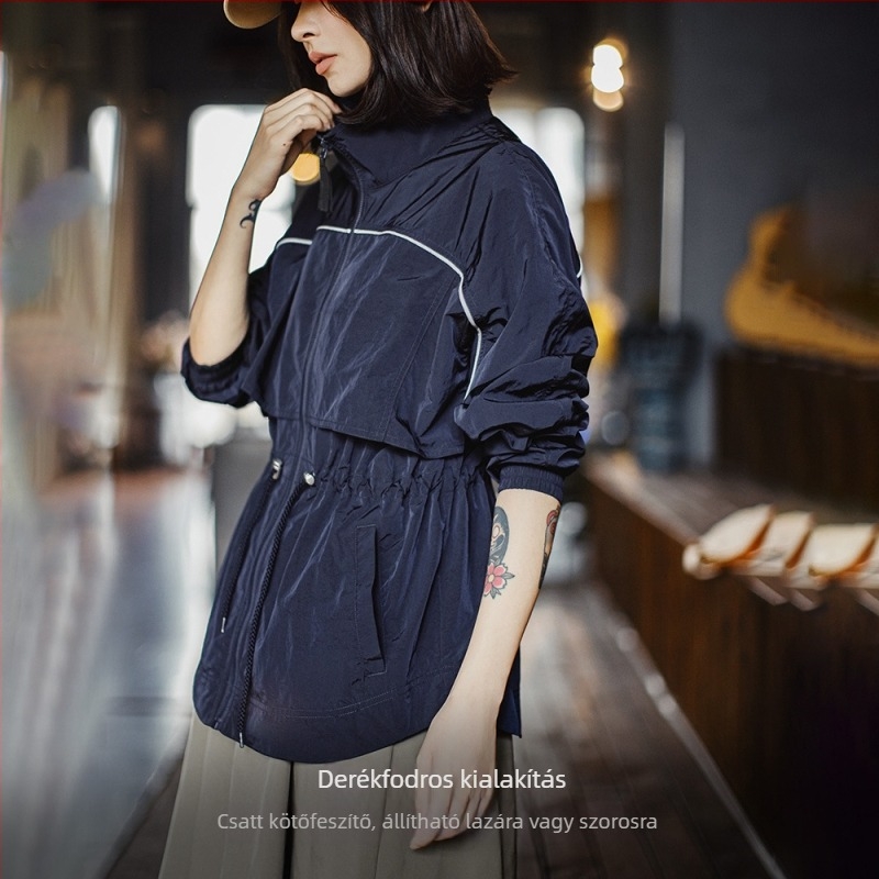 Női nylon windbreaker dzseki, laza szabású, álló gallér, hosszú ujjú, vékony anyag
