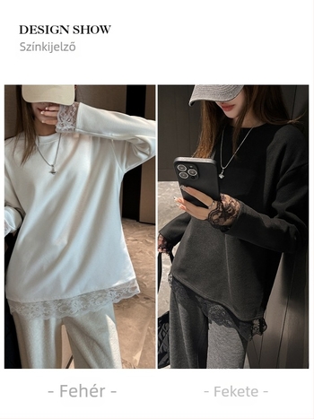 Hosszú ujjú póló poliészterből, csipés panellel, kerek nyakkal, karcsú szabás