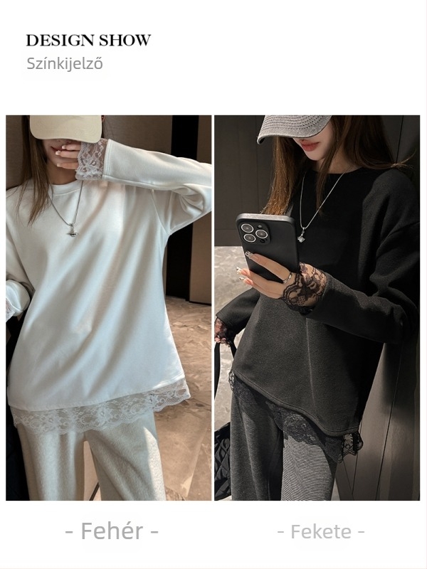 Hosszú ujjú póló poliészterből, csipés panellel, kerek nyakkal, karcsú szabás