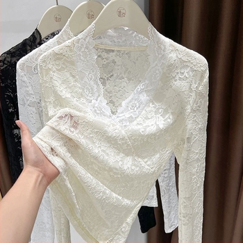 Női csipke és nejlon felső, jacquard hálós mintával, V-nyakú, hosszú ujjú, pulóver