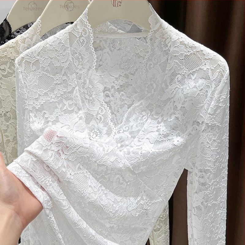 Női csipke és nejlon felső, jacquard hálós mintával, V-nyakú, hosszú ujjú, pulóver
