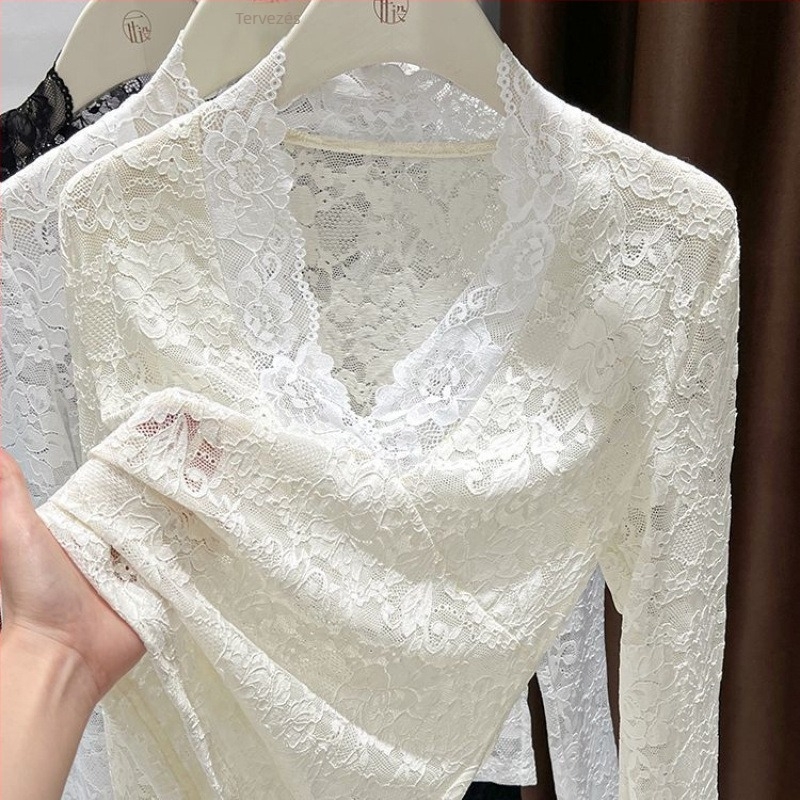 Női csipke és nejlon felső, jacquard hálós mintával, V-nyakú, hosszú ujjú, pulóver