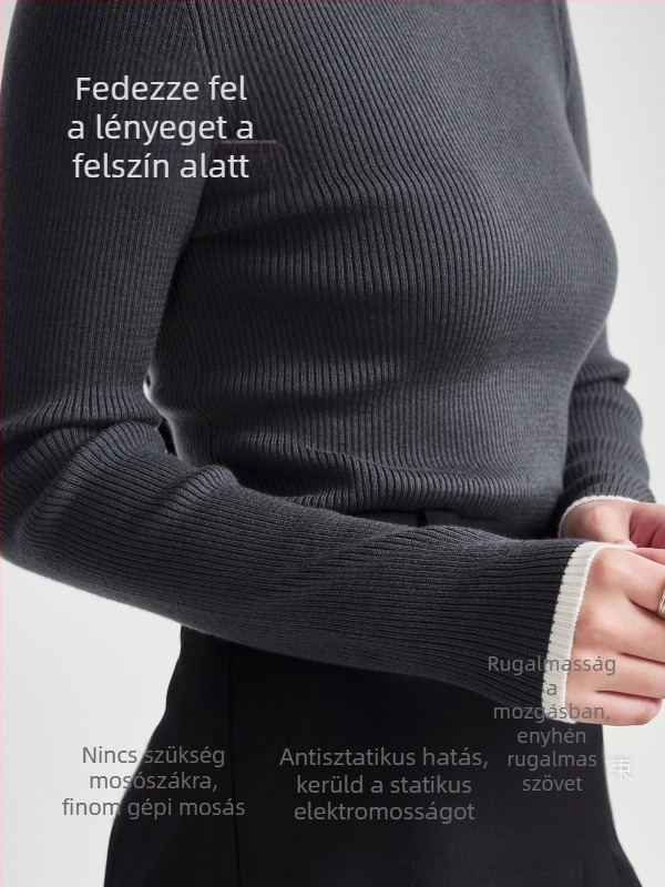 Női gyapjúkeverék pulóver kapucnival, karcsúsított szabás, kerek nyakú