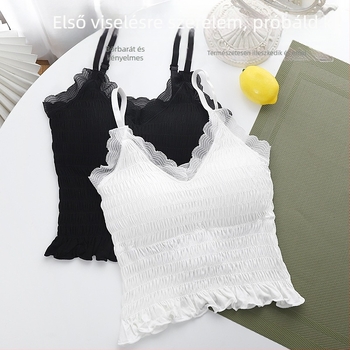 Francia stílusú csipkés pliszírozott topp váll nélküli, rövid fazon, seamless, 92% nylon, nőknek