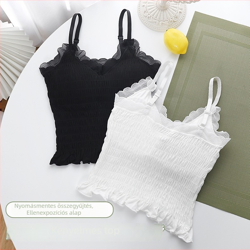 Francia stílusú csipkés pliszírozott topp váll nélküli, rövid fazon, seamless, 92% nylon, nőknek