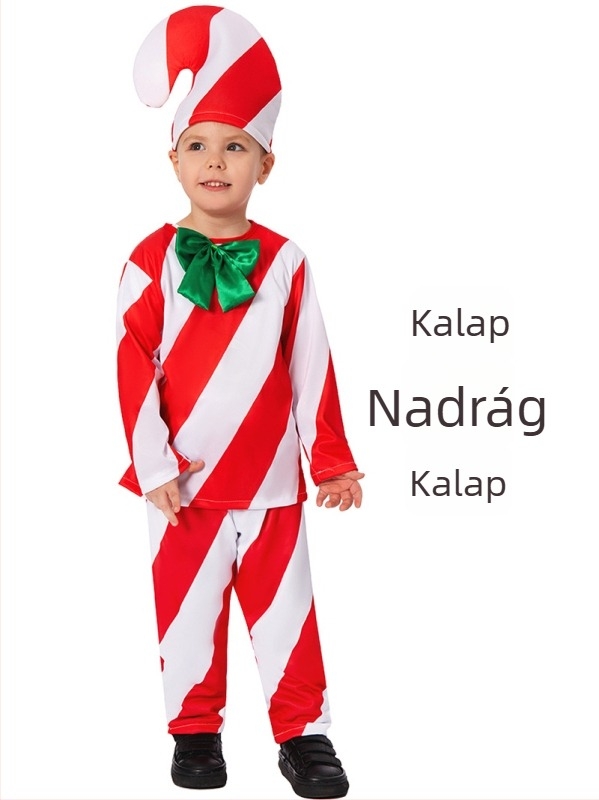Gyerekek karácsonyi jelmeze színpadi előadásokhoz – Candy Cane motívumú kosztüm | 100% poliészter, puha kezeléssel kezelt anyag, 3–8 éveseknek