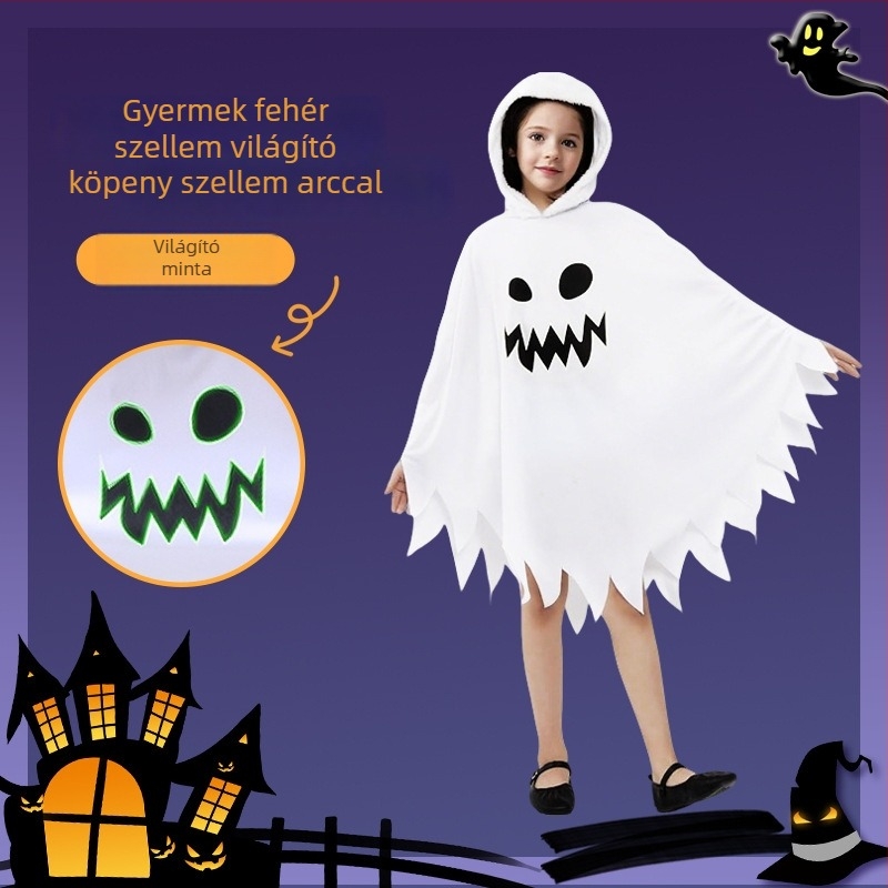 Gyerekeknek készült fehér, világító szellem-kabát Halloweenre – színpadi jelmez lányoknak
