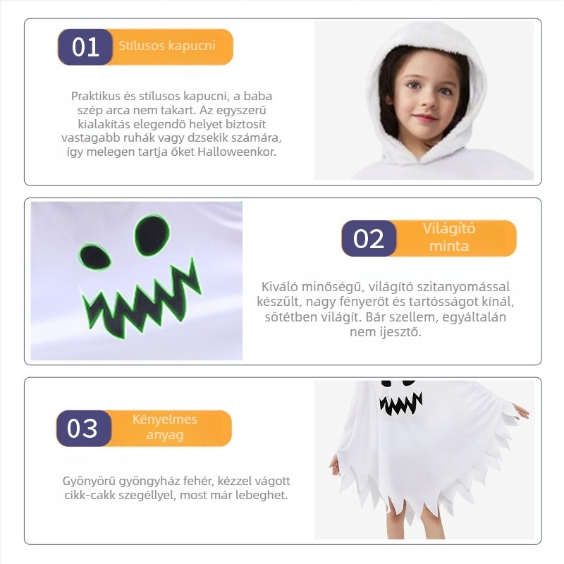 Gyerekeknek készült fehér, világító szellem-kabát Halloweenre – színpadi jelmez lányoknak