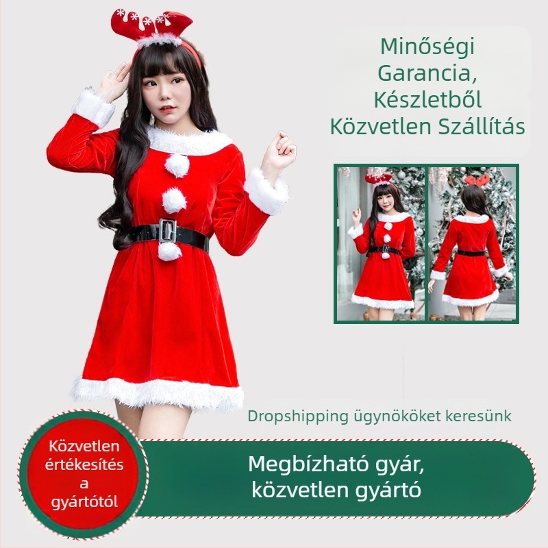 Cosplay Mikulás jelmez szett színpadi előadáshoz, bársony, poliészter, női, színpadi jelmez, 2025 ősz