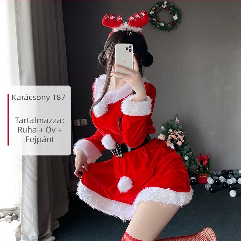 Cosplay Mikulás jelmez szett színpadi előadáshoz, bársony, poliészter, női, színpadi jelmez, 2025 ősz